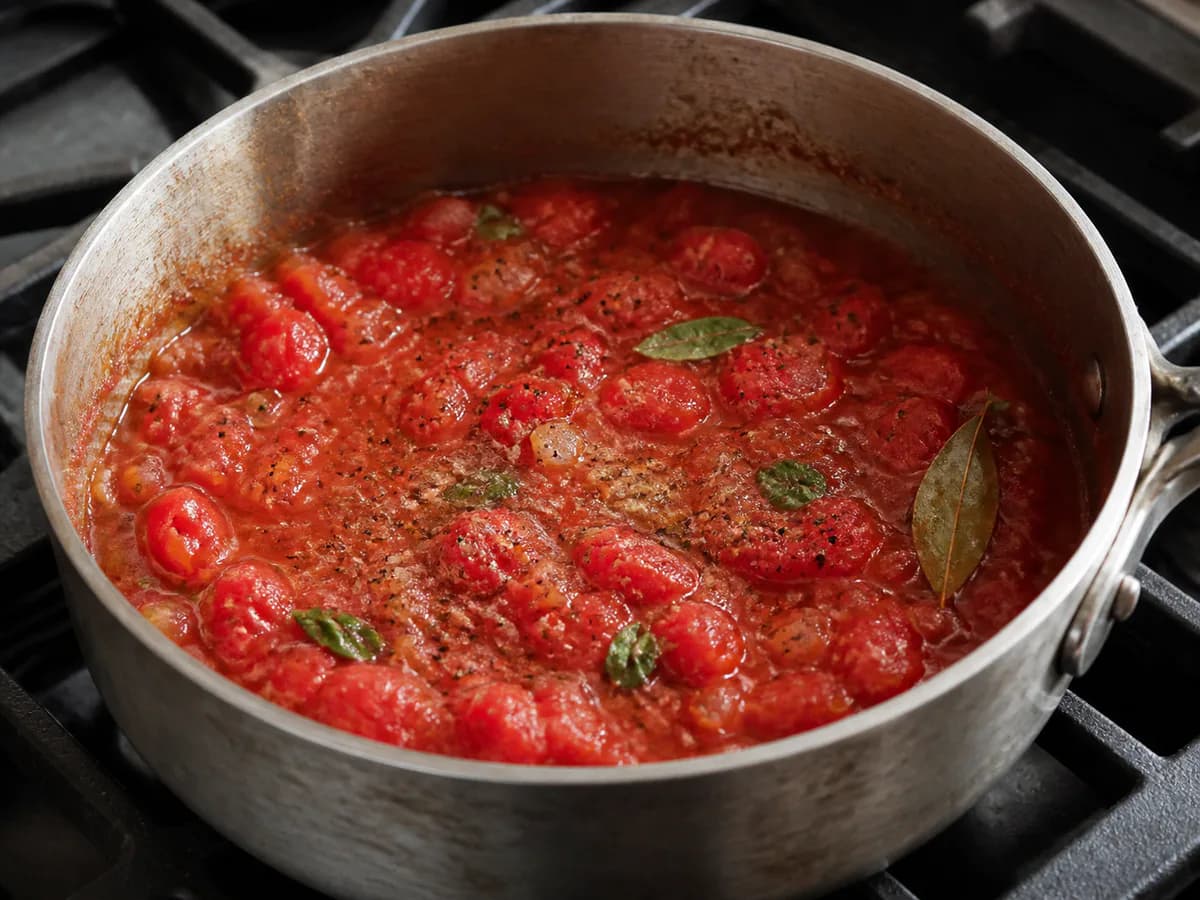 Preparação de Molho de Tomate Delicioso para Massas durante a confeção
