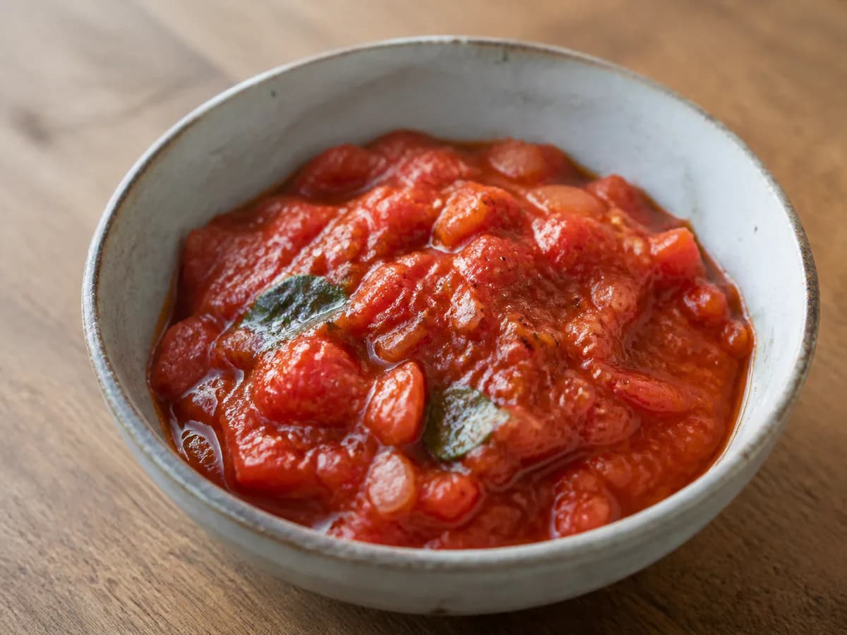 Pormenor de uma porção de Molho de Tomate Delicioso para Massas