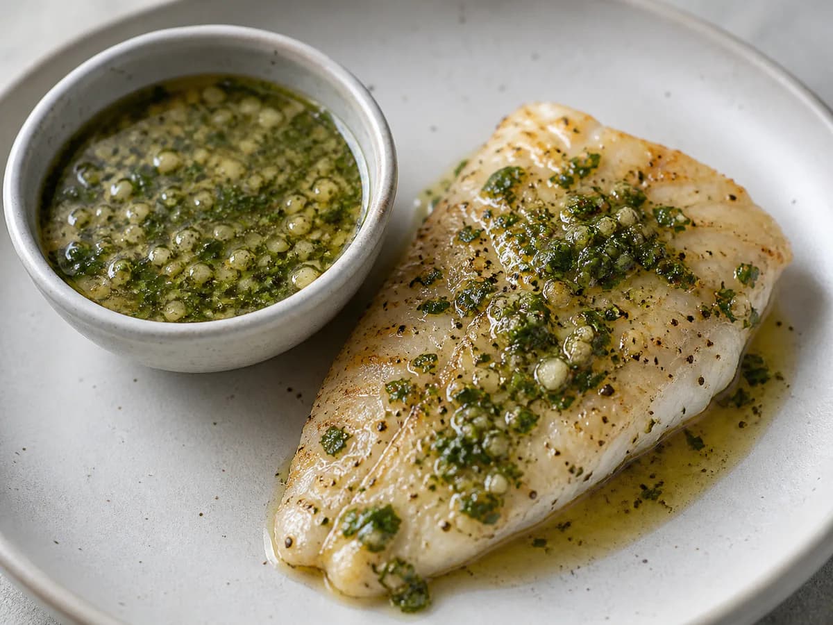 Pormenor de uma porção de Molho de Ervas e Limão para Peixe Grelhado
