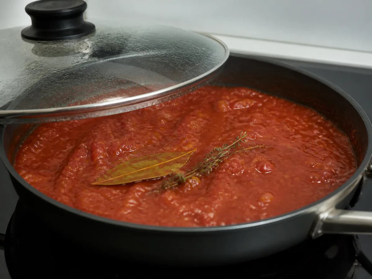 Preparação de Molho de Tomate com Ovos Escalfados durante a confeção