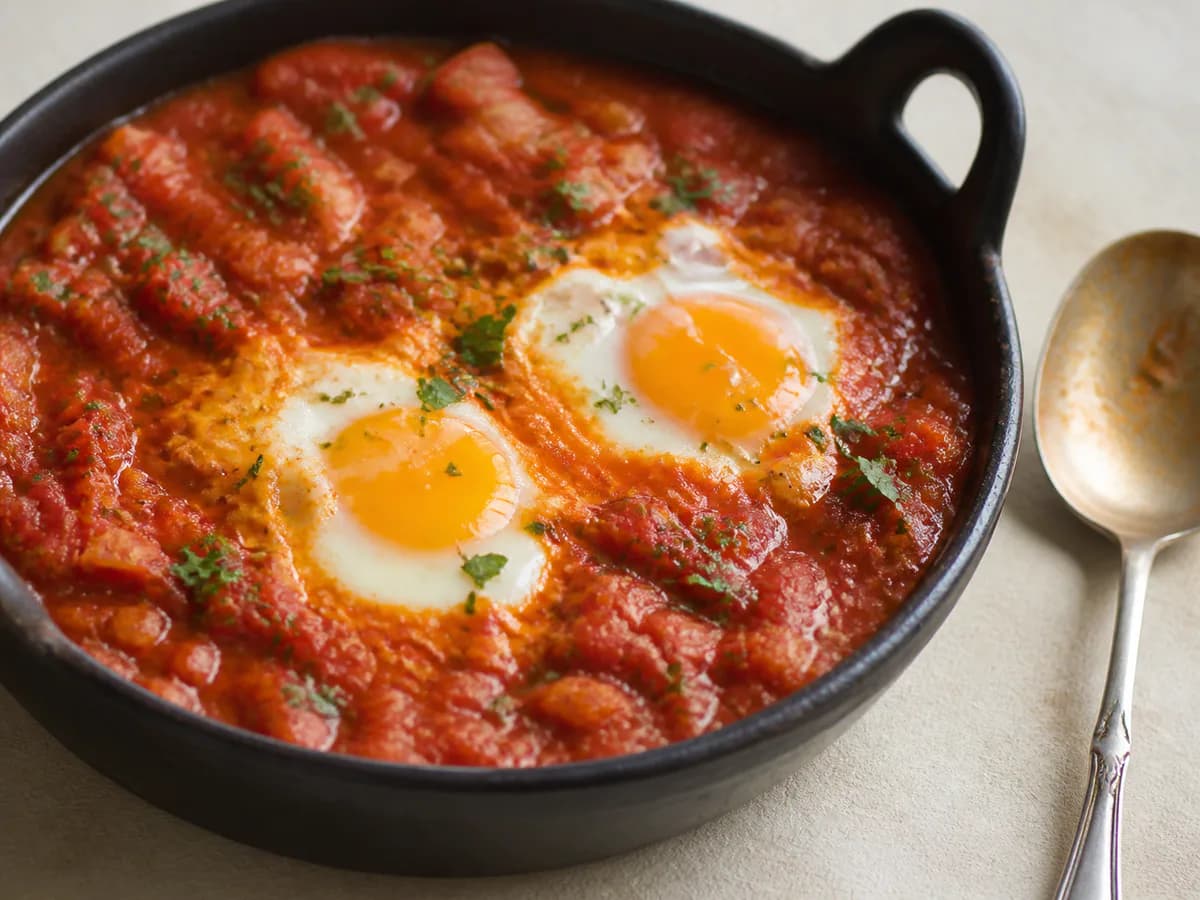 Pormenor de uma porção de Molho de Tomate com Ovos Escalfados