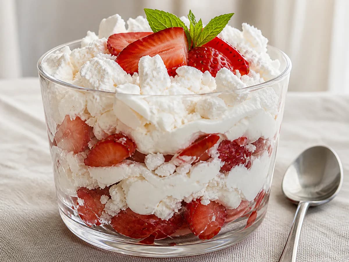 Pormenor de uma porção de Morangos com Chantilly e Suspiros