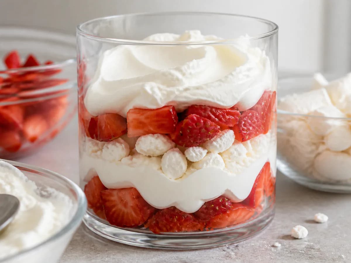 Preparação de Morangos com Chantilly e Suspiros durante a confeção