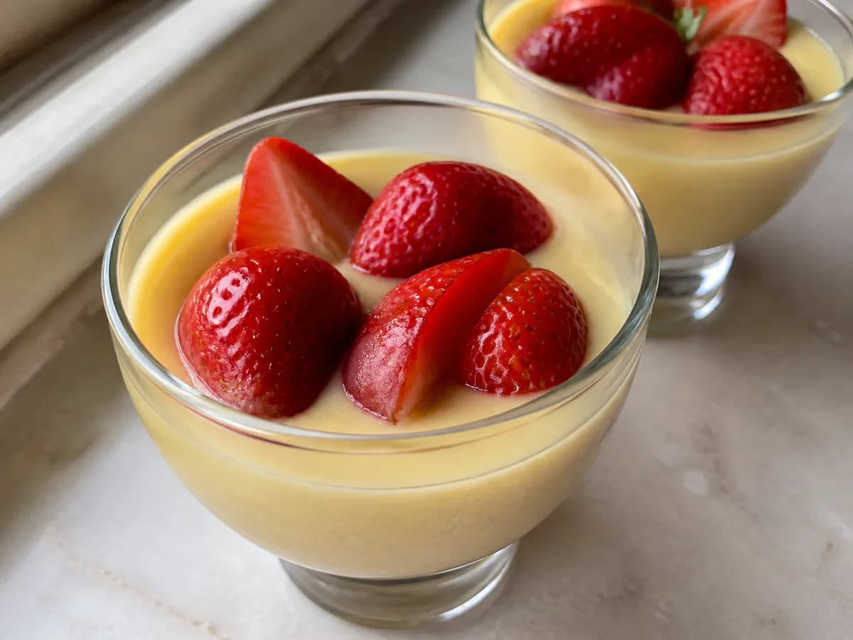 Pormenor de uma porção de Morangos em Taças de Leite Creme