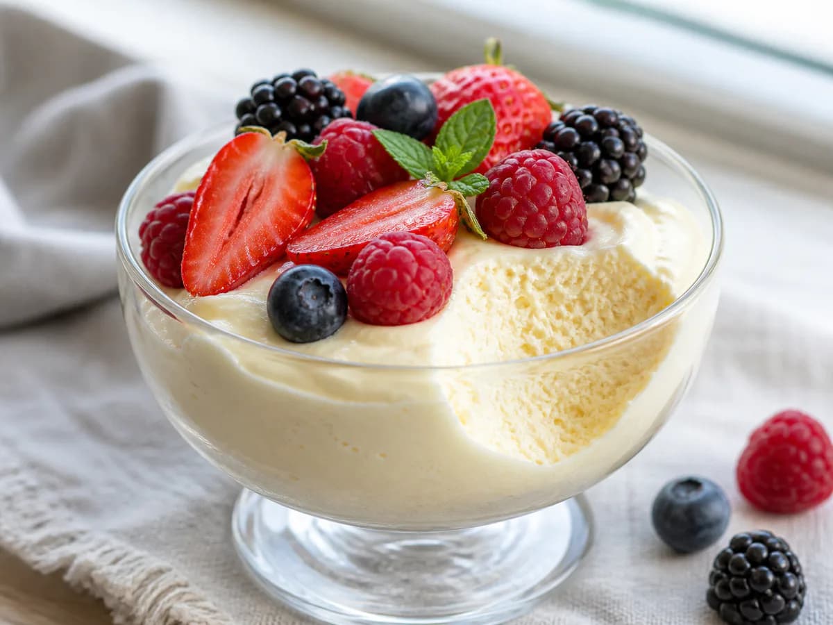 Pormenor de uma porção de Mousse Delicada com Frutos Silvestres Frescos
