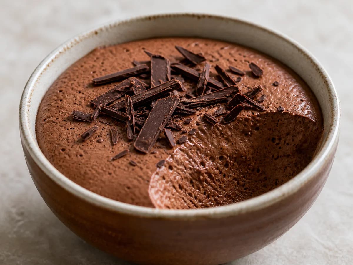 Pormenor de uma porção de Mousse de Chocolate com Seis Ovos Pasteurizados