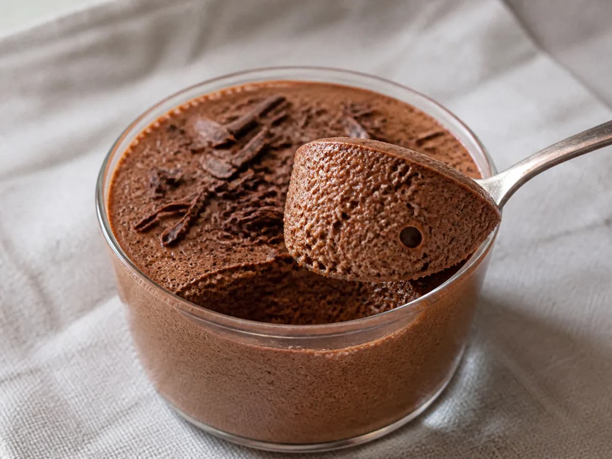 Pormenor de uma porção de Mousse de Chocolate e Natas