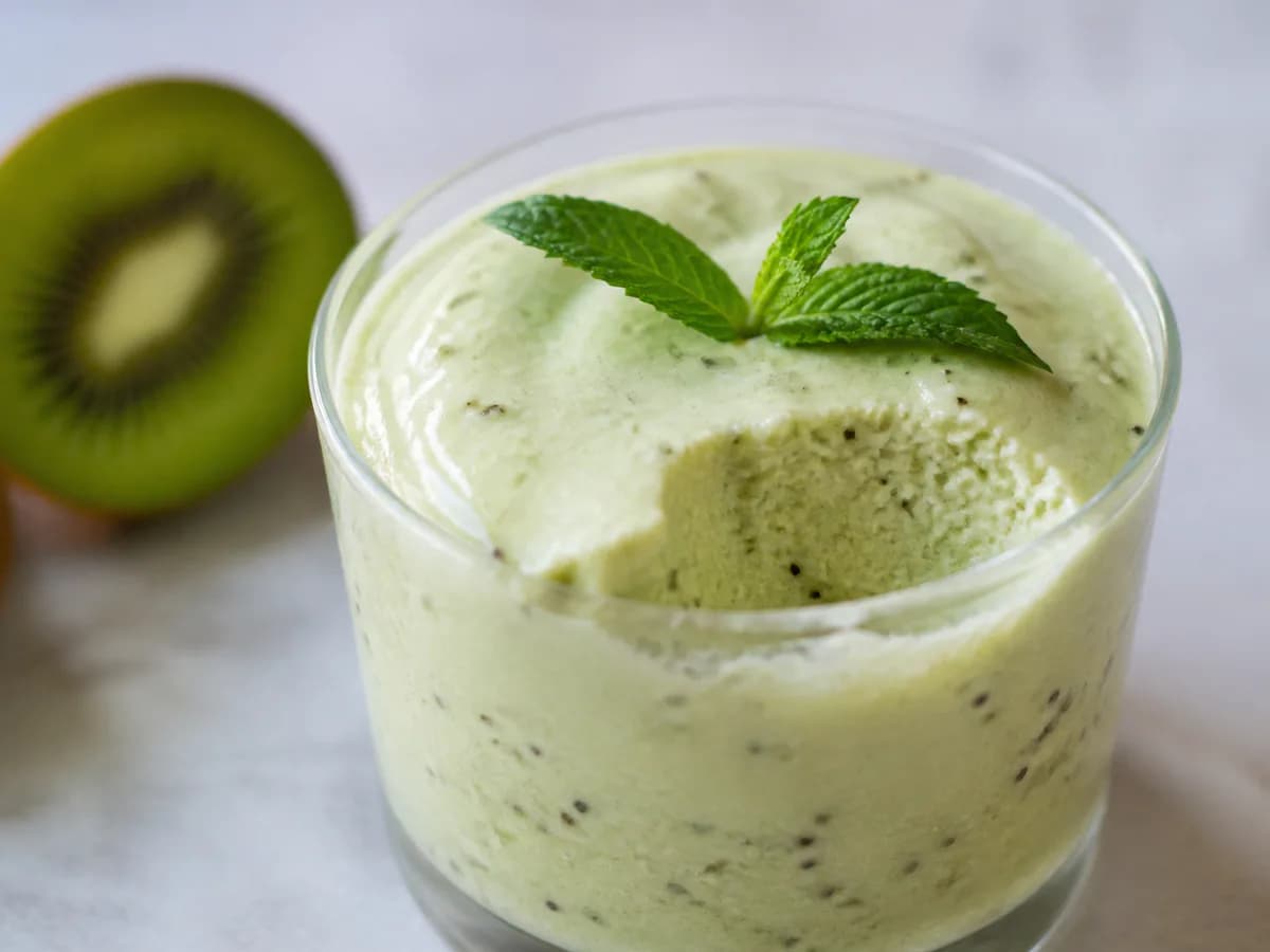 Pormenor de uma porção de Mousse de Kiwi Refrescante