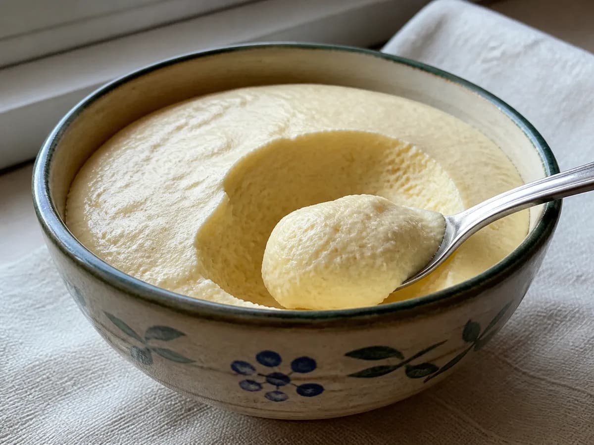 Pormenor de uma porção de Mousse de Leite Condensado com Baunilha