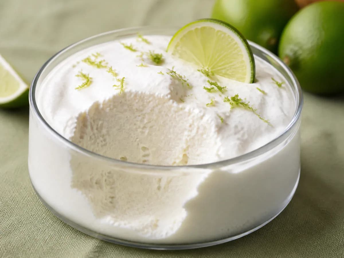 Pormenor de uma porção de Mousse de Lima Refrescante