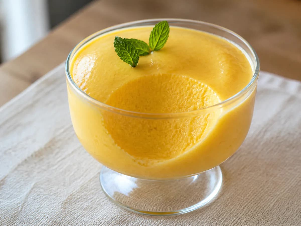 Pormenor de uma porção de Mousse de Manga Cremosa