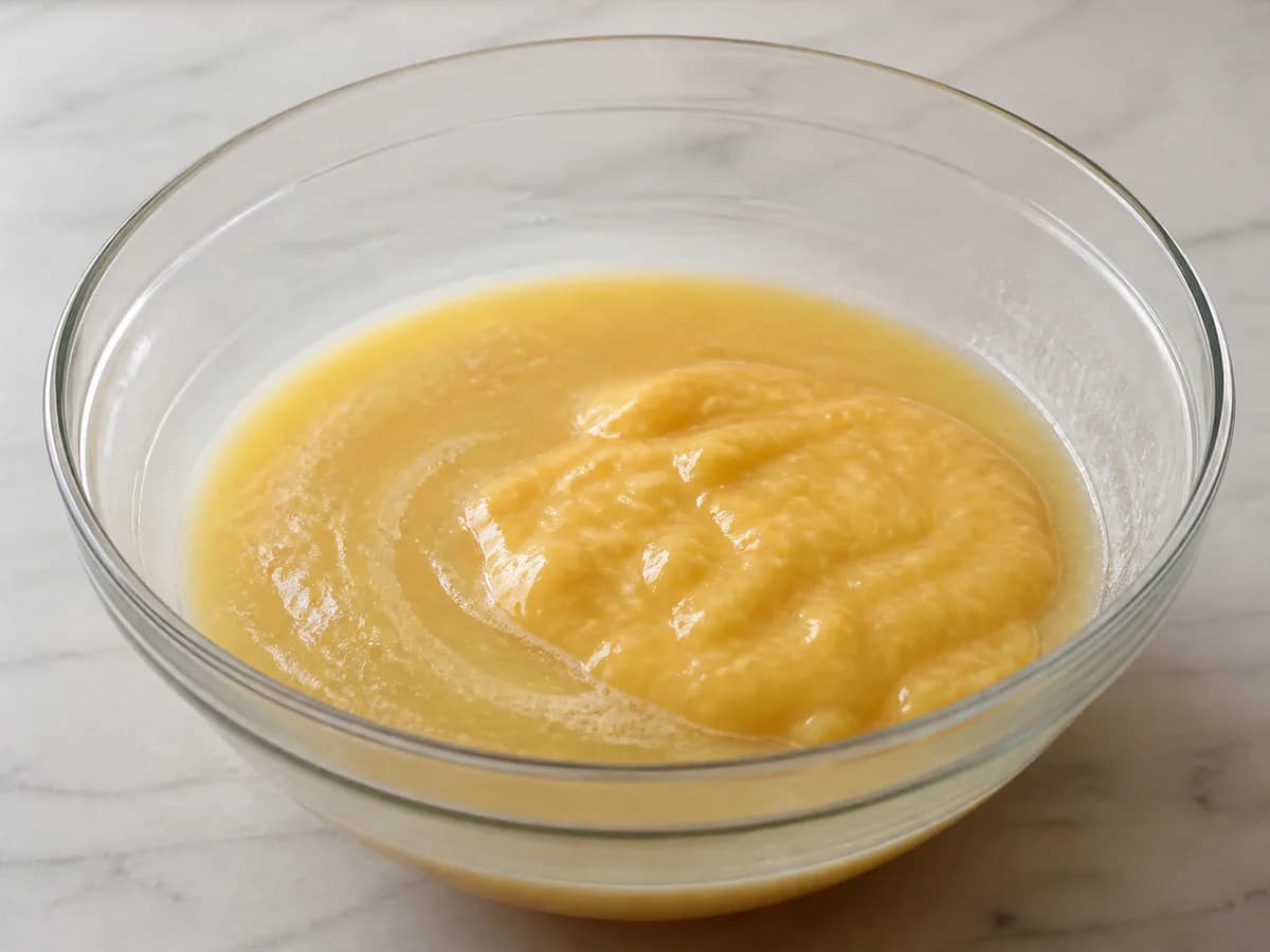 Preparação de Mousse de Pêssego e Ananás durante a confeção