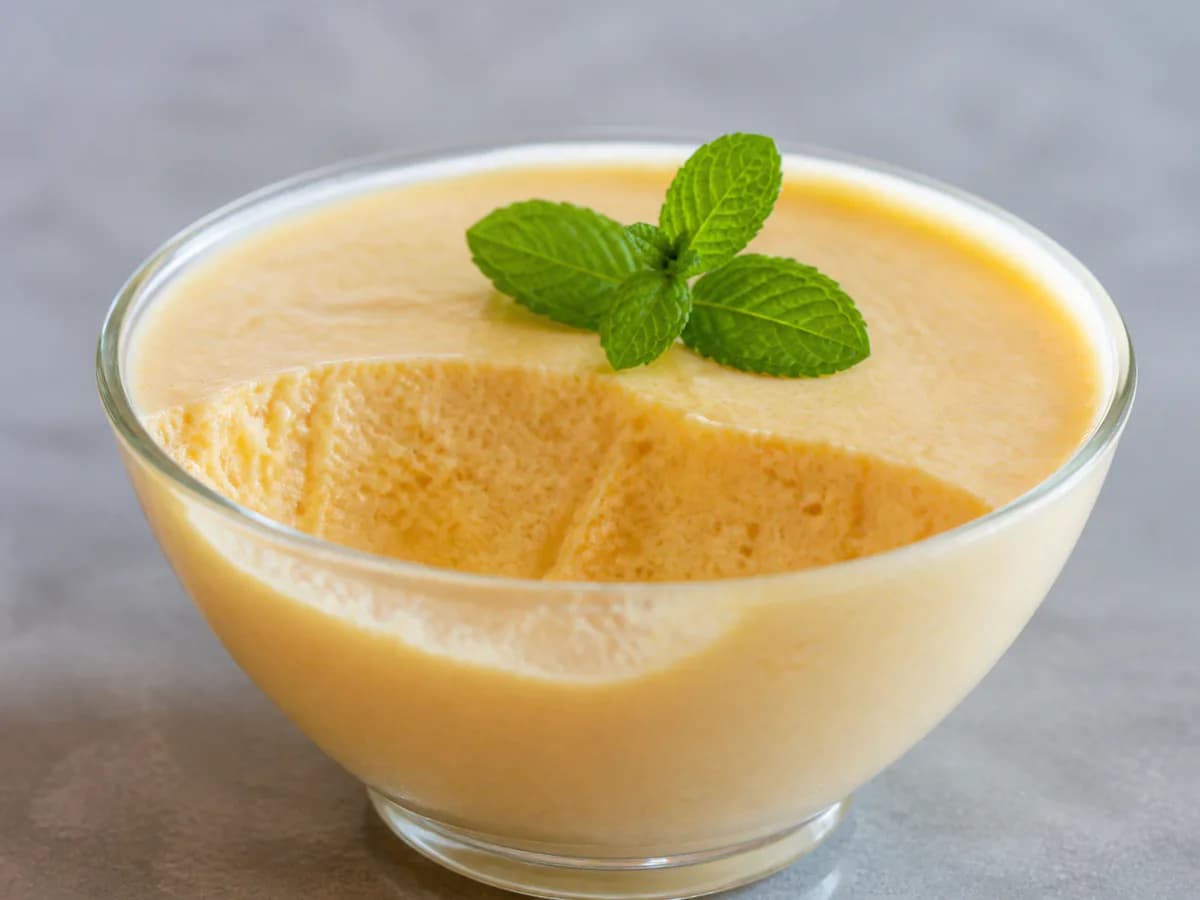 Pormenor de uma porção de Mousse de Pêssego e Ananás