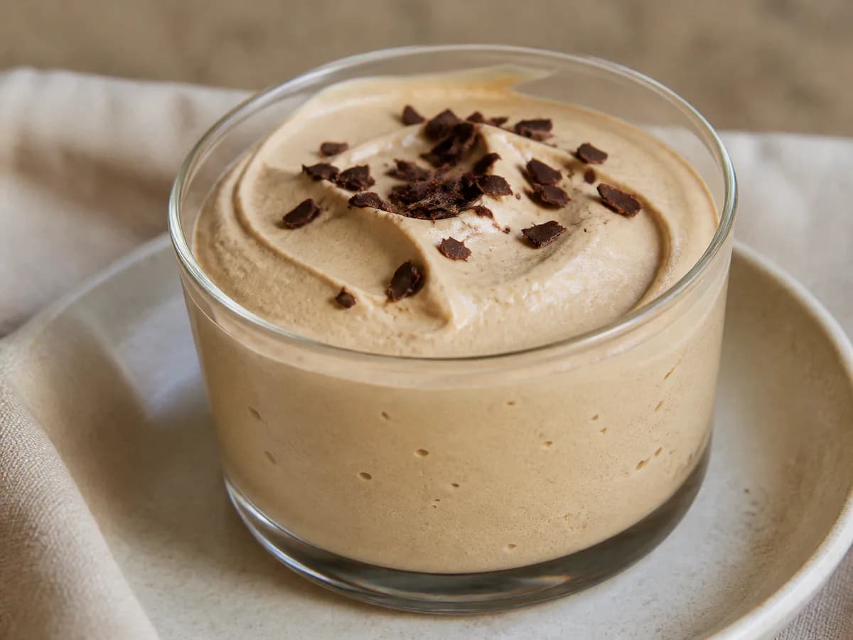 Pormenor de uma porção de Mousse de Natas e Café com Poucas Calorias
