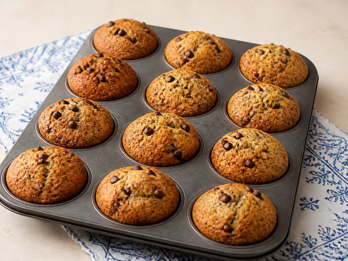Muffins de Banana, Papoila, Laranja, Gengibre e Chocolate
