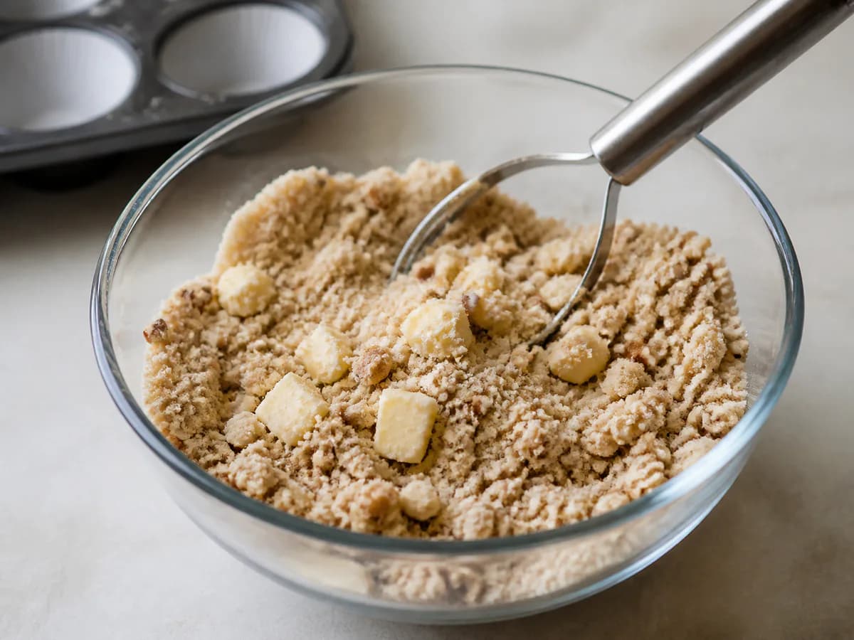 Preparação de Muffins de Batata Doce com Streusel de Nozes durante a confeção