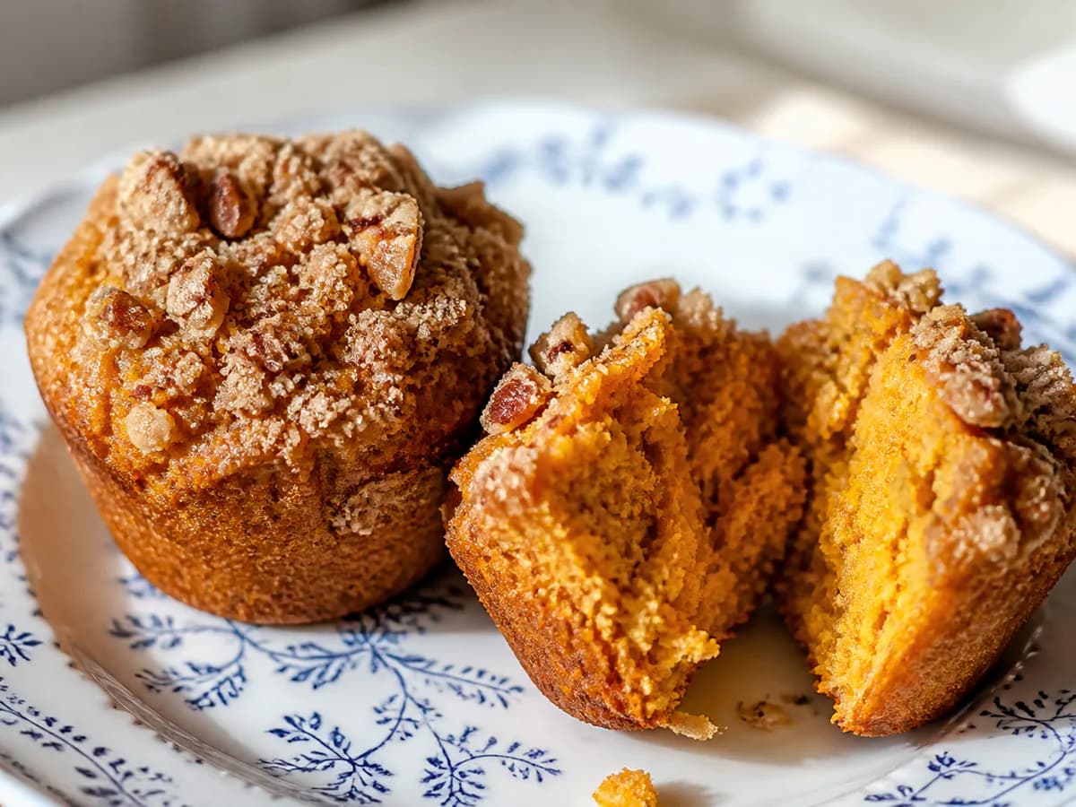Pormenor de uma porção de Muffins de Batata Doce com Streusel de Nozes