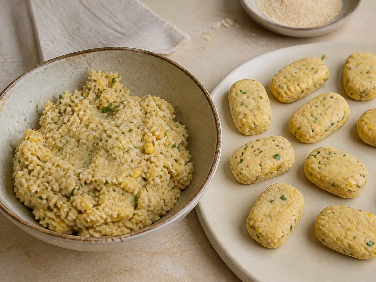 Preparação de Nuggets de Feijão Branco e Milho durante a confeção