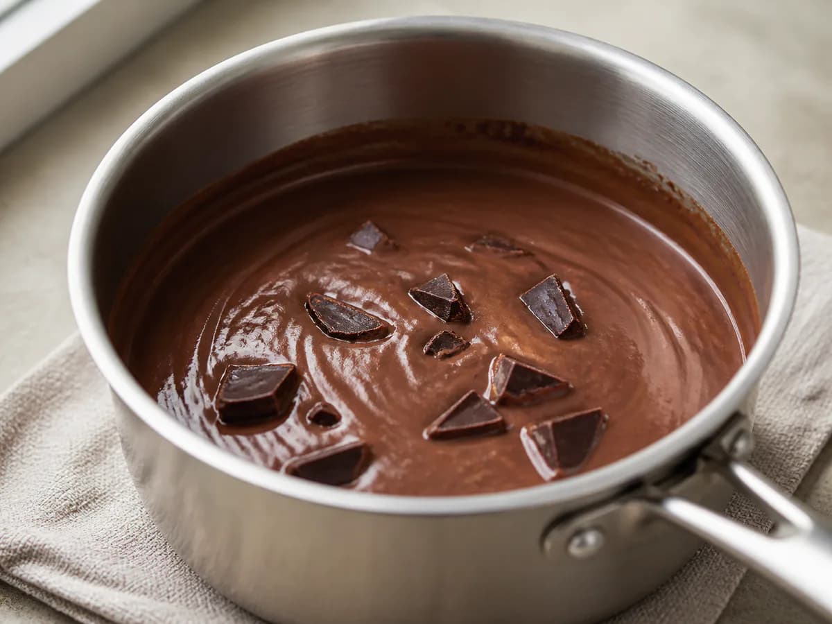 Preparação de Creme Frio de Chocolate com Três Ingredientes durante a confeção