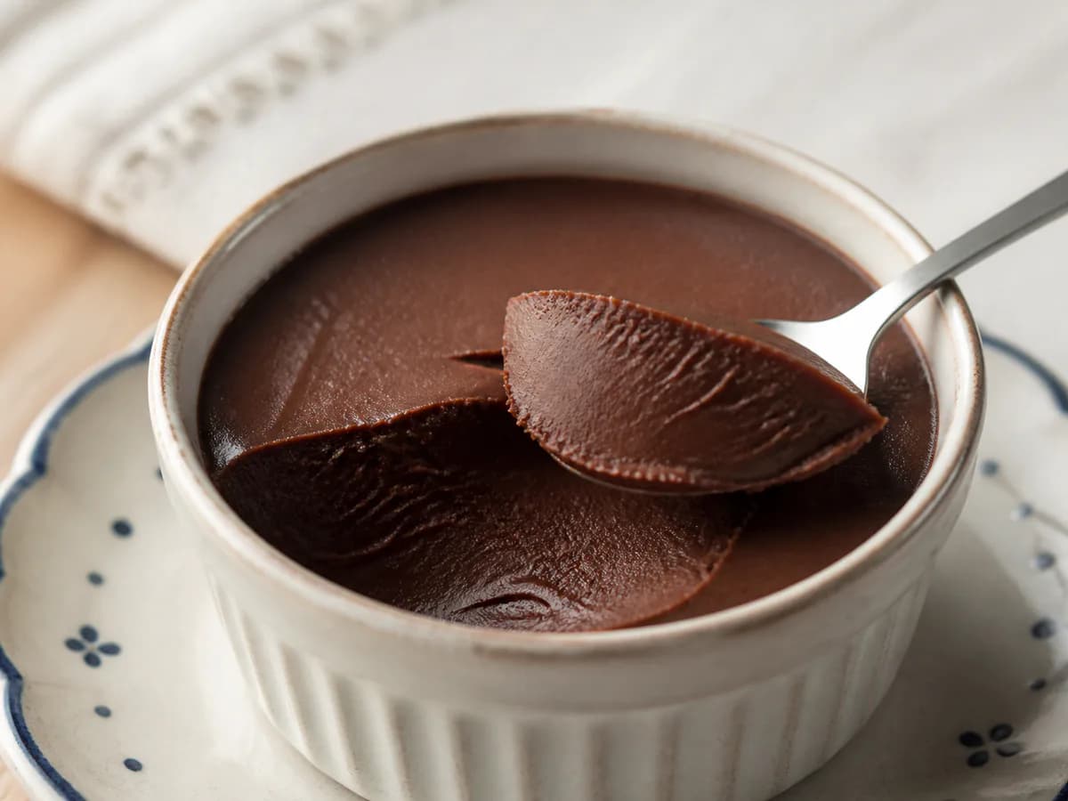 Pormenor de uma porção de Creme Frio de Chocolate com Três Ingredientes