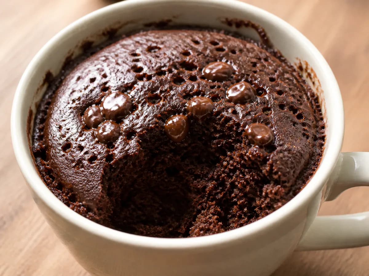 Pormenor de uma porção de Bolo de Chocolate na Caneca no Micro-ondas