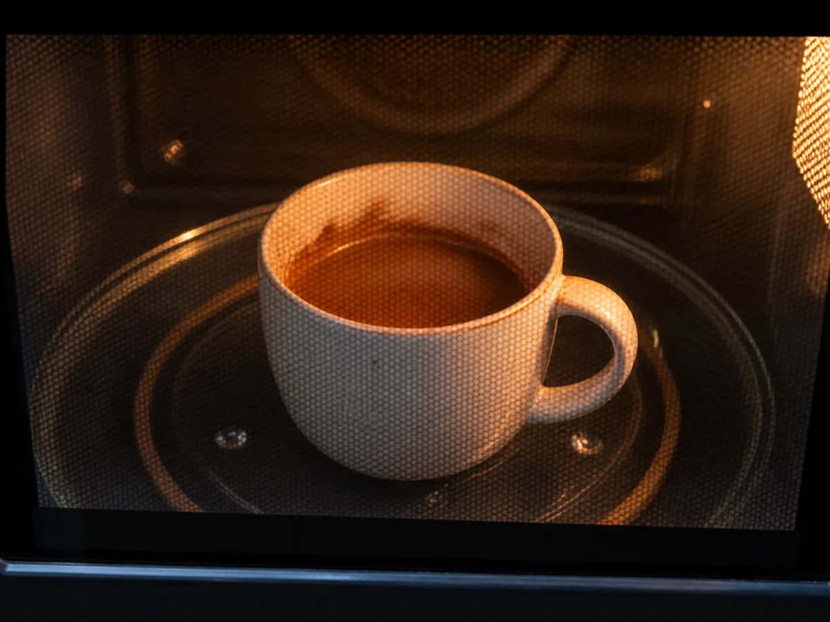 Preparação de Bolo de Chocolate na Caneca no Micro-ondas durante a confeção