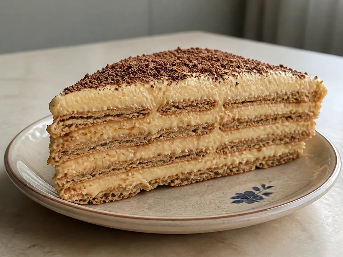 Pormenor de uma porção de Bolo de Bolacha com Creme de Manteiga e Café