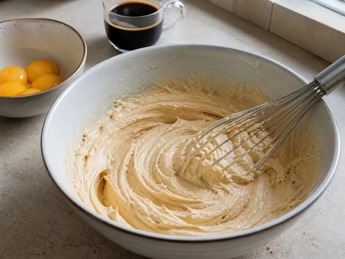 Preparação de Bolo de Bolacha com Creme de Manteiga e Café durante a confeção