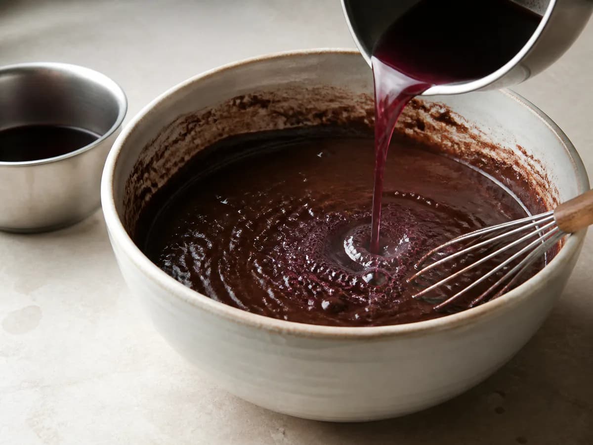 Preparação de Bolo de Chocolate e Vinho Tinto durante a confeção