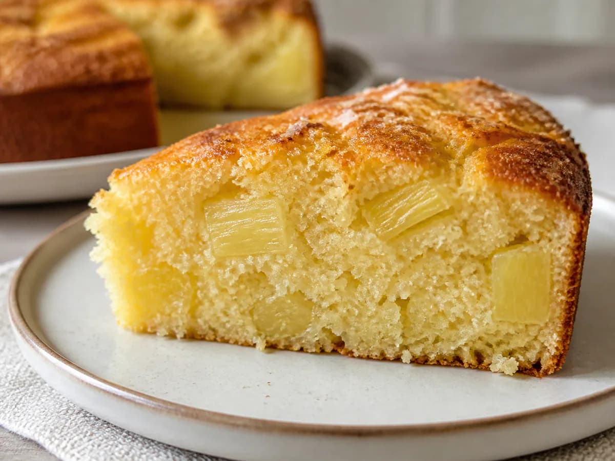 Pormenor de uma porção de Bolo Húmido de Ananás com Leite de Coco