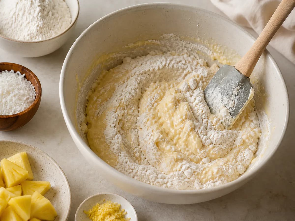 Preparação de Bolo Húmido de Ananás com Leite de Coco durante a confeção