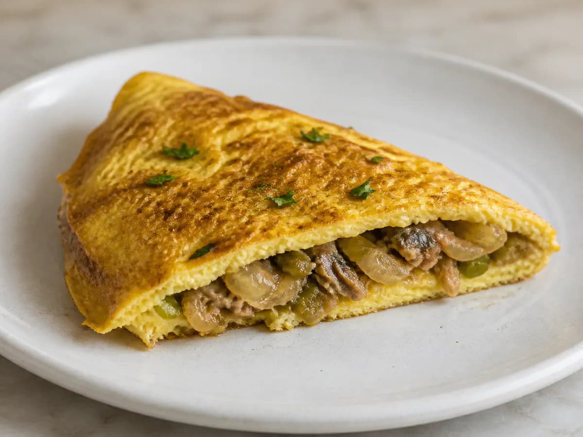 Pormenor de uma porção de Omelete de Sardinha Refogada