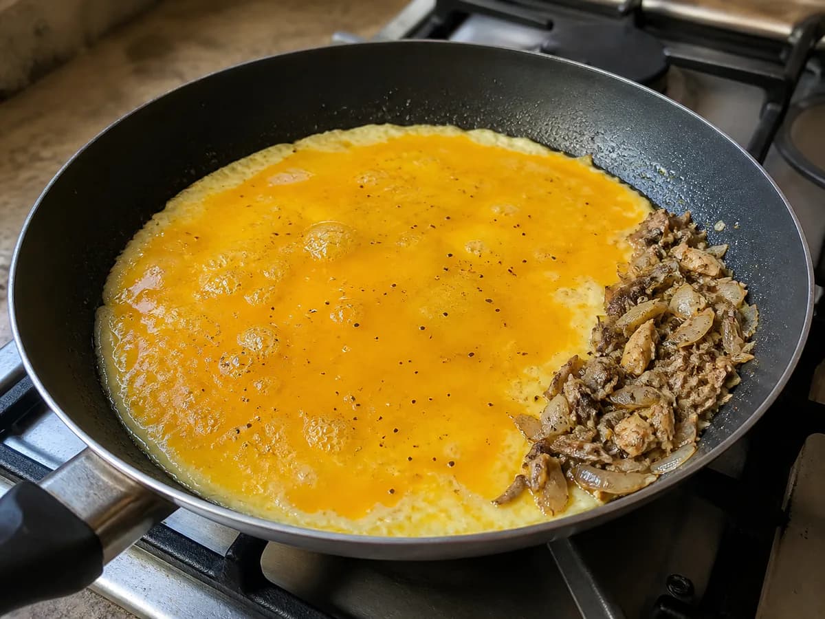 Preparação de Omelete de Sardinha Refogada durante a confeção