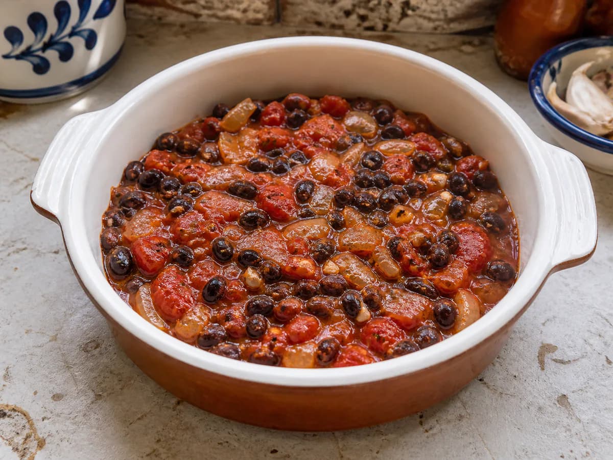 Preparação de Ovos No Forno Com Feijão Preto E Tomate durante a confeção