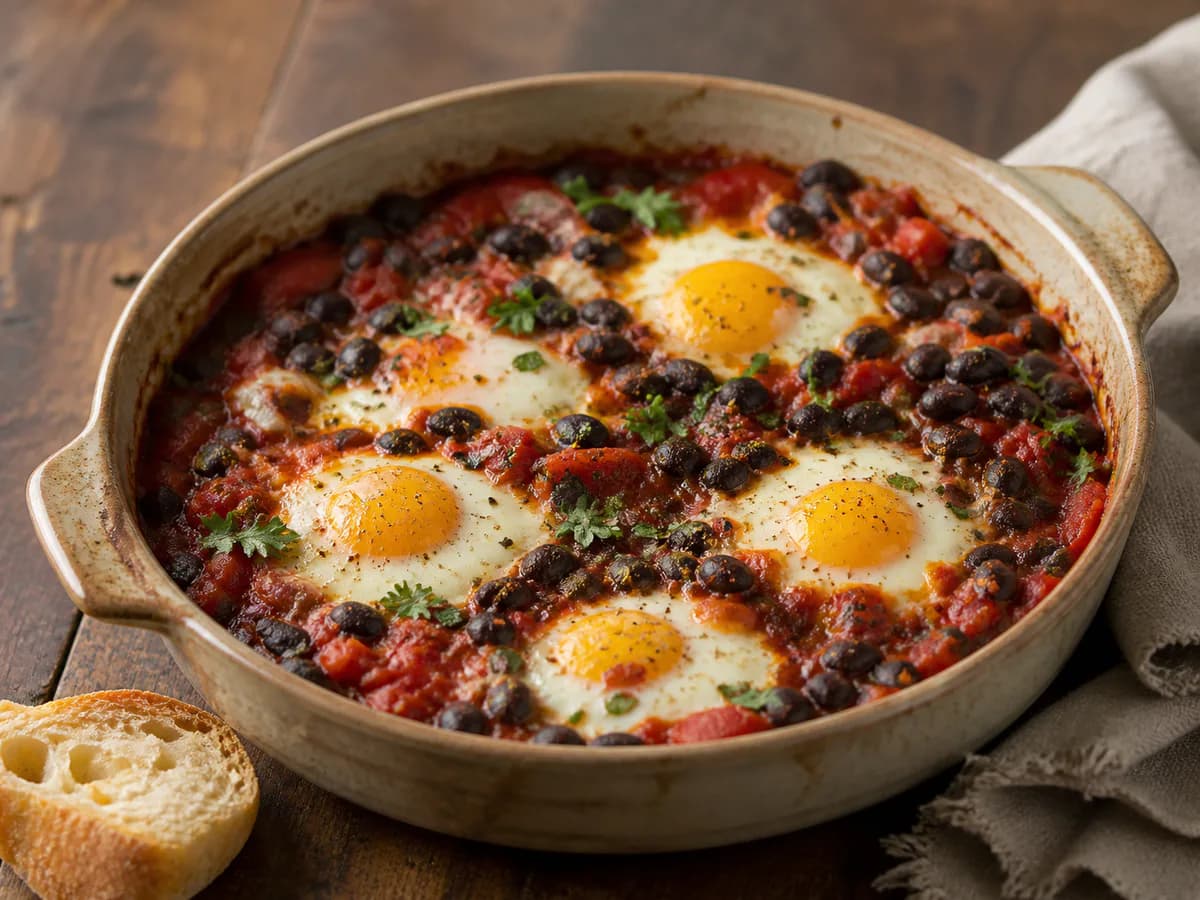 Pormenor de uma porção de Ovos No Forno Com Feijão Preto E Tomate