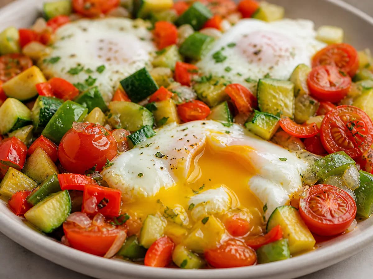 Pormenor de uma porção de Ovos No Tacho Com Legumes