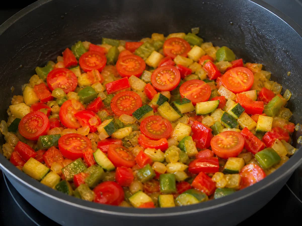 Preparação de Ovos No Tacho Com Legumes durante a confeção