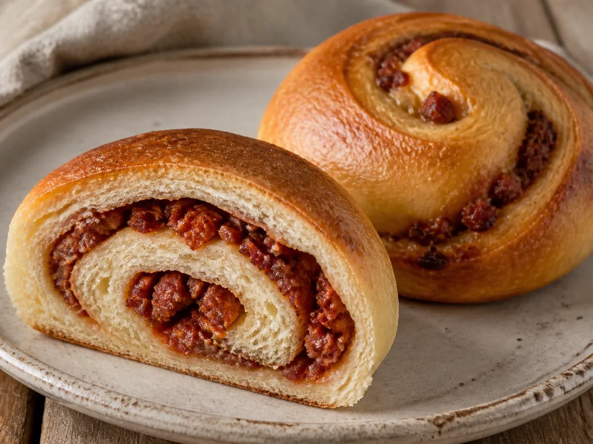 Pormenor de uma porção de Pãezinhos de Linguiça