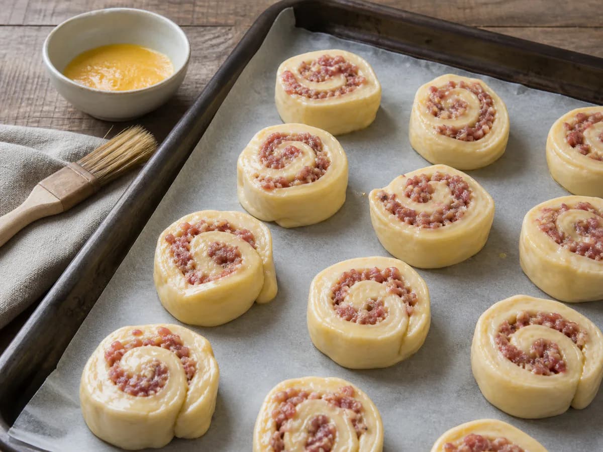 Preparação de Pãezinhos de Linguiça durante a confeção