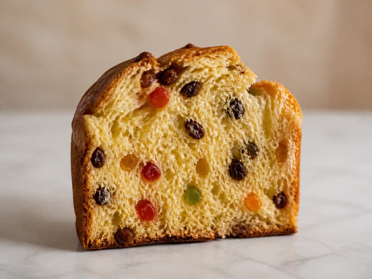 Pormenor de uma porção de Panetone Com Frutas Cristalizadas e Passas