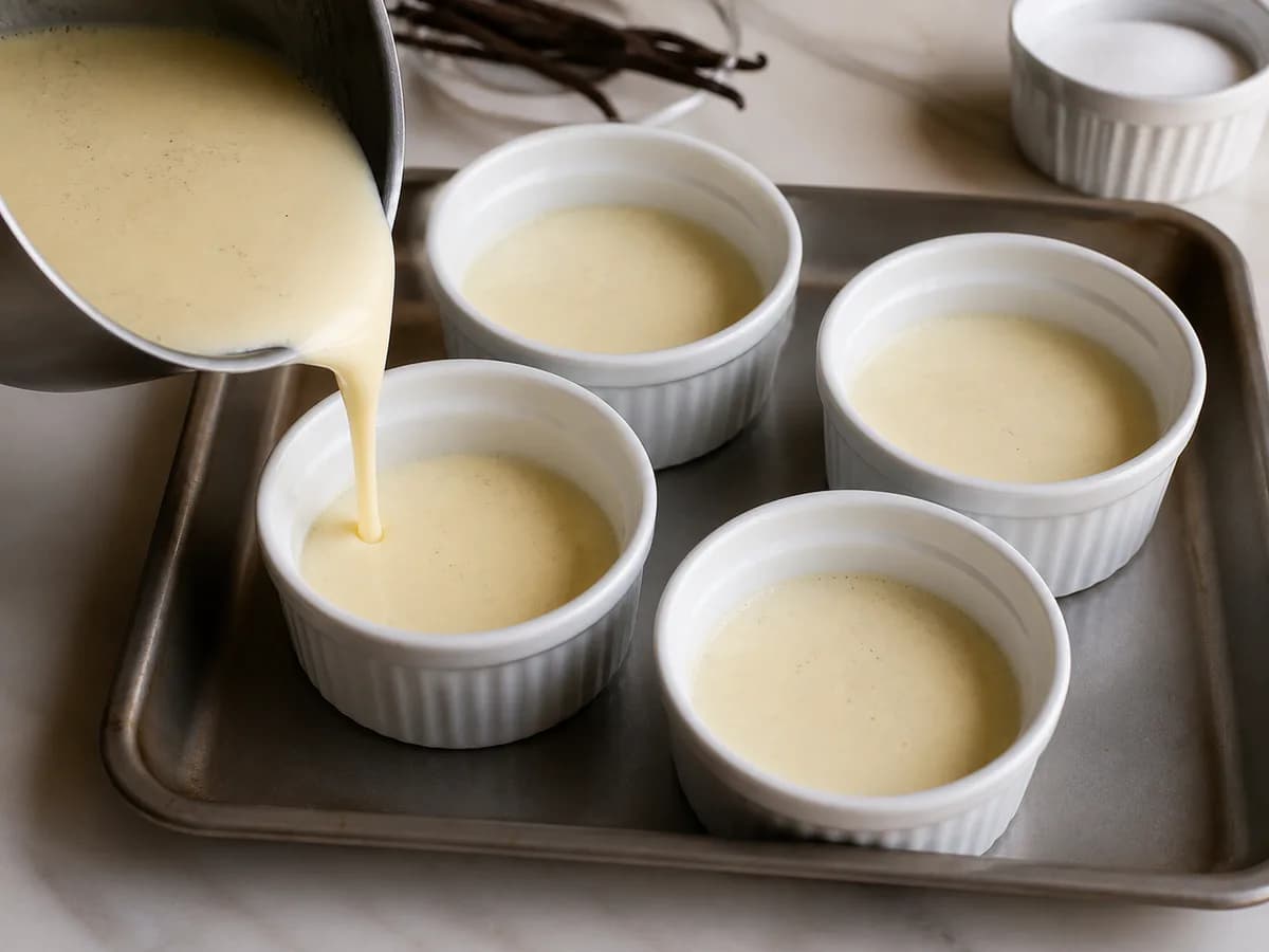 Preparação de Panna Cotta de Baunilha com Coulis de Morango durante a confeção