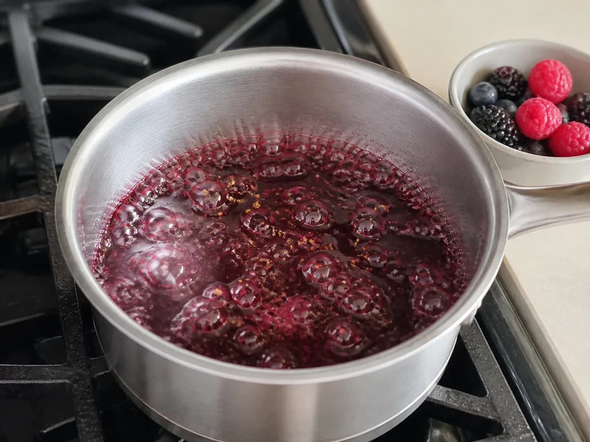 Preparação de Panna Cotta de Baunilha em Calda de Vinho do Porto e Frutos Vermelhos durante a confeção