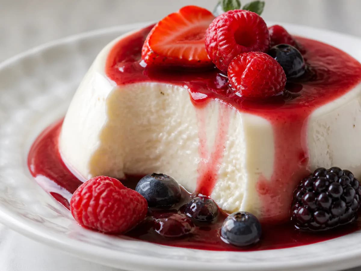 Pormenor de uma porção de Panna Cotta de Baunilha em Calda de Vinho do Porto e Frutos Vermelhos