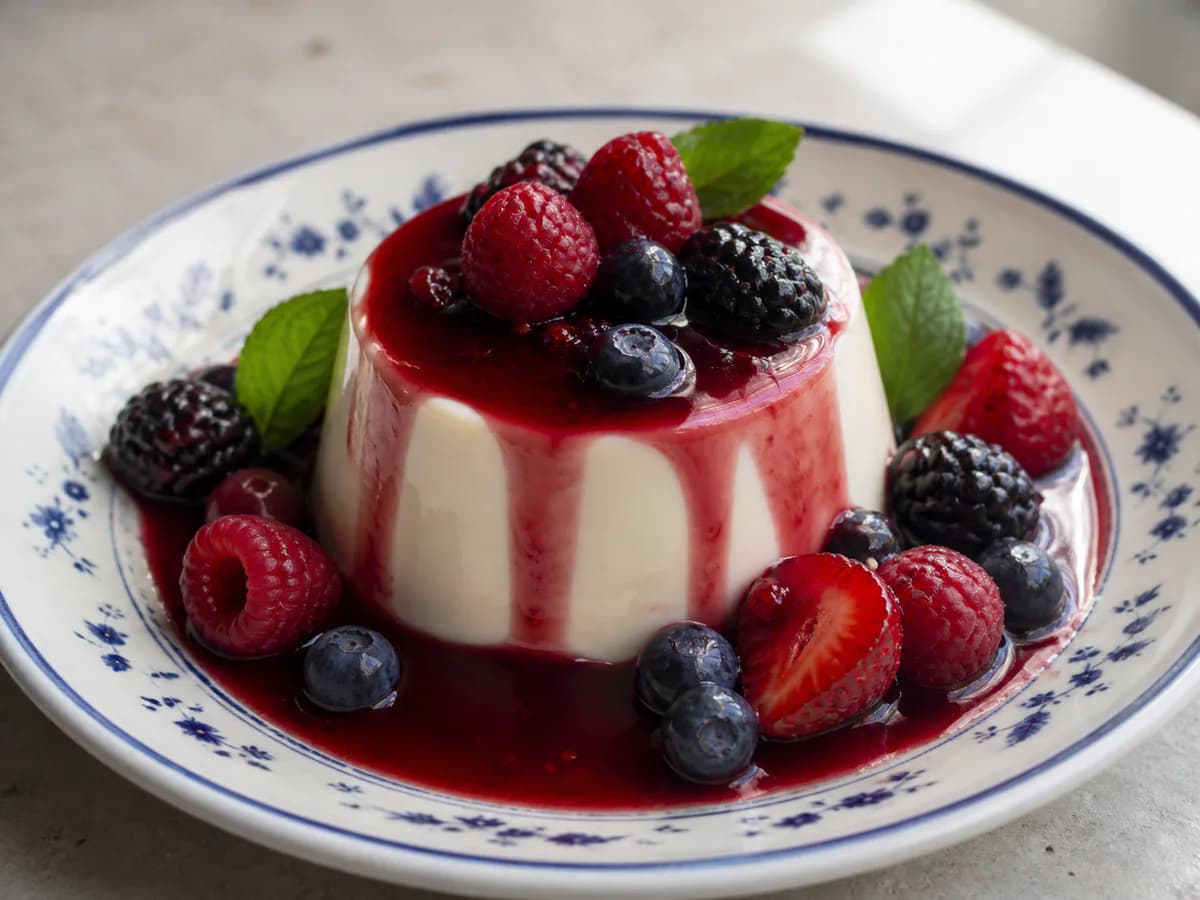Panna Cotta de Baunilha em Calda de Vinho do Porto e Frutos Vermelhos