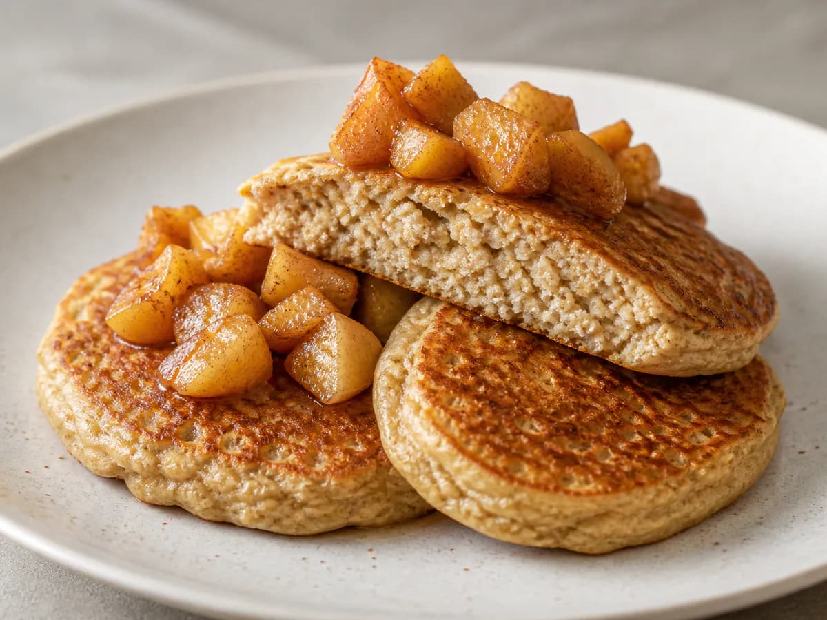 Pormenor de uma porção de Panquecas de Aveia e Canela com Maçã Caramelizada
