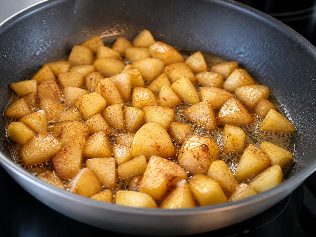 Preparação de Panquecas de Aveia e Canela com Maçã Caramelizada durante a confeção