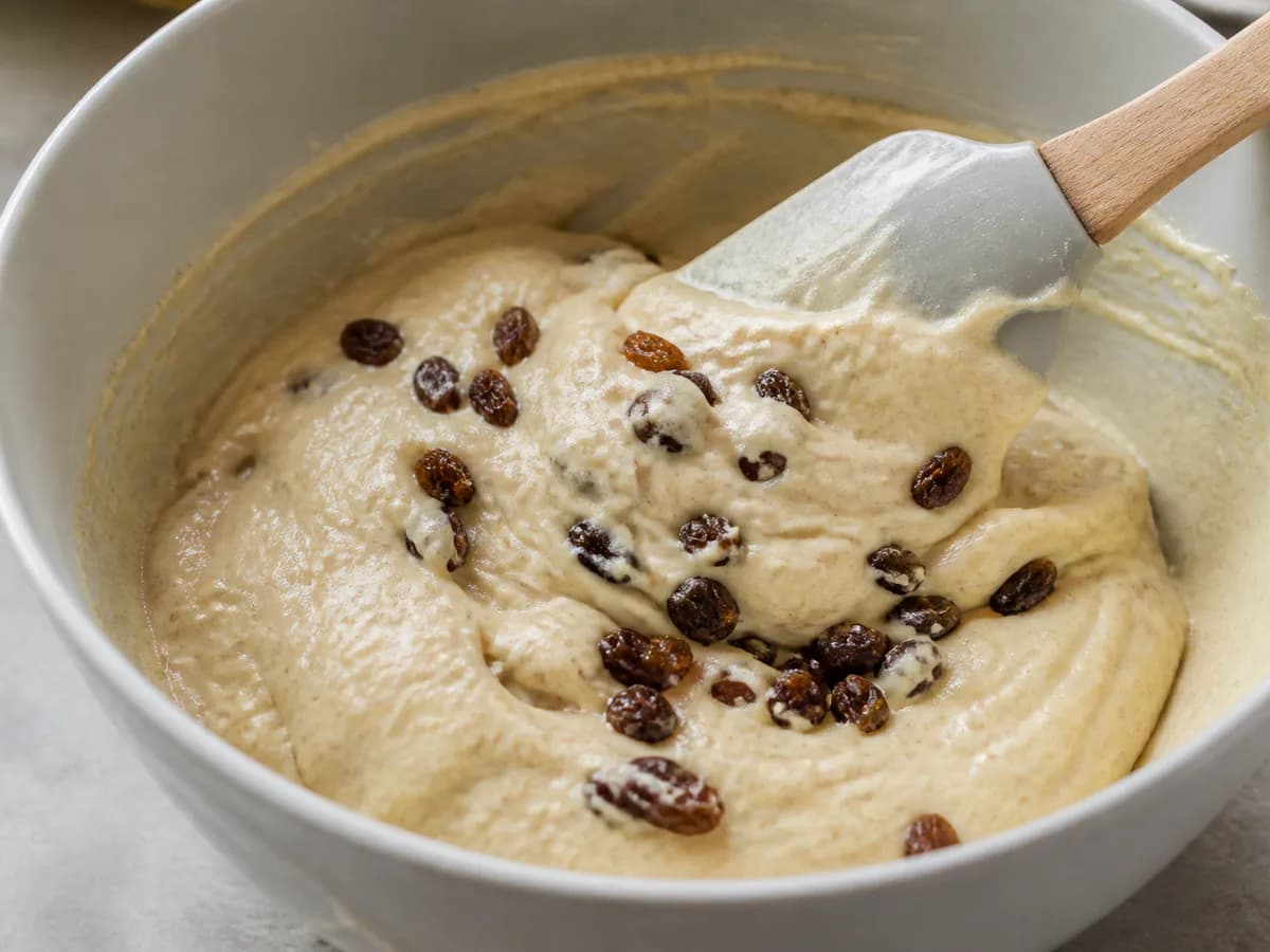 Preparação de Panquecas de Avelã com Sultanas durante a confeção