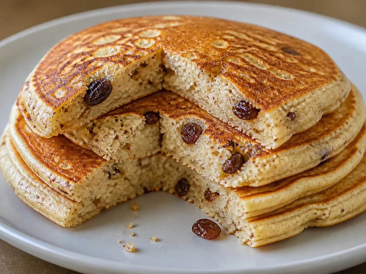 Pormenor de uma porção de Panquecas de Avelã com Sultanas