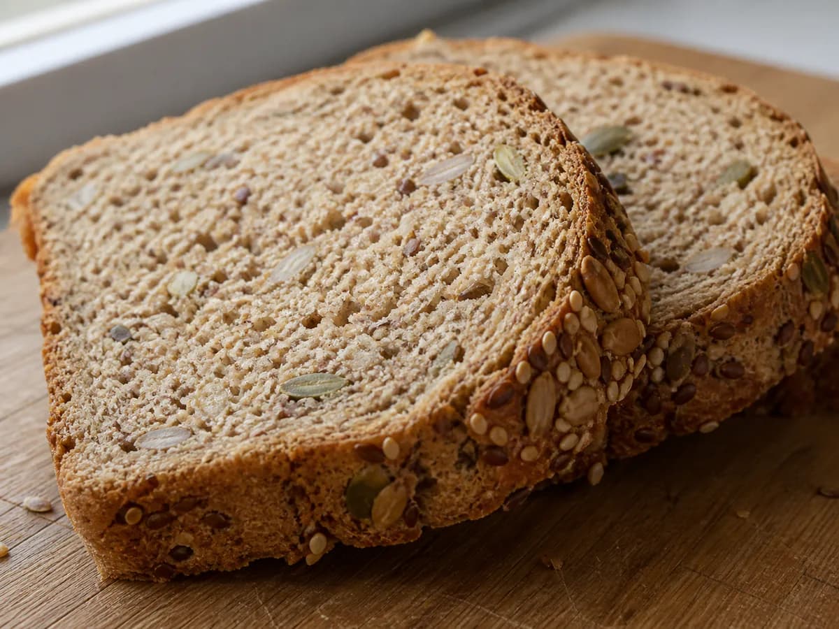 Pormenor de uma porção de Pão Caseiro com Farinha Integral e Sementes