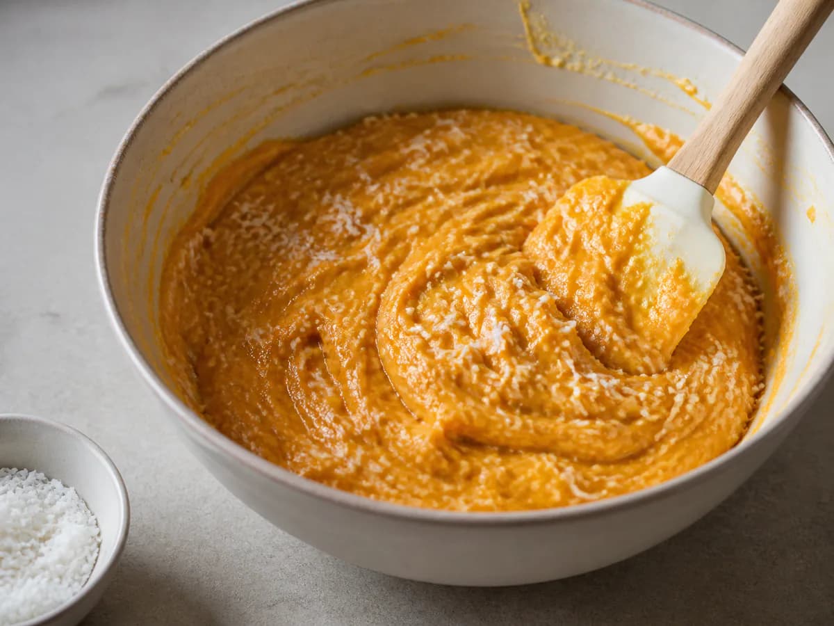 Preparação de Pão de Abóbora com Coco durante a confeção